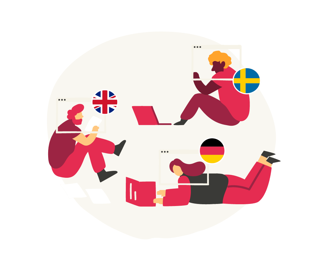 people studying and using laptops with flags from the UK, Sweden, and Germany above, illustrative figures engaging in online learning