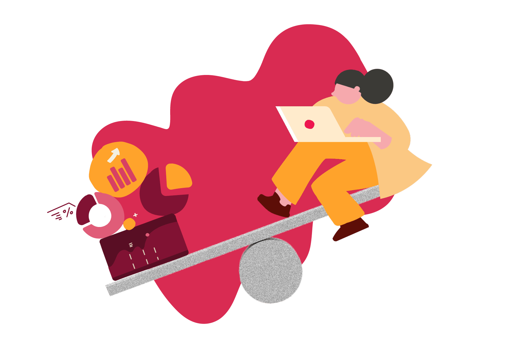 woman working on laptop balancing graphs and charts on a seesaw against a vibrant background, balance between work and analytics