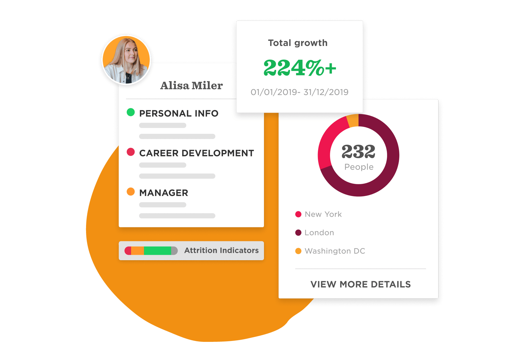 Alisa Miler profile with growth stats, key indicators, and cities represented in a colorful infographic., career stats, attrition indicators