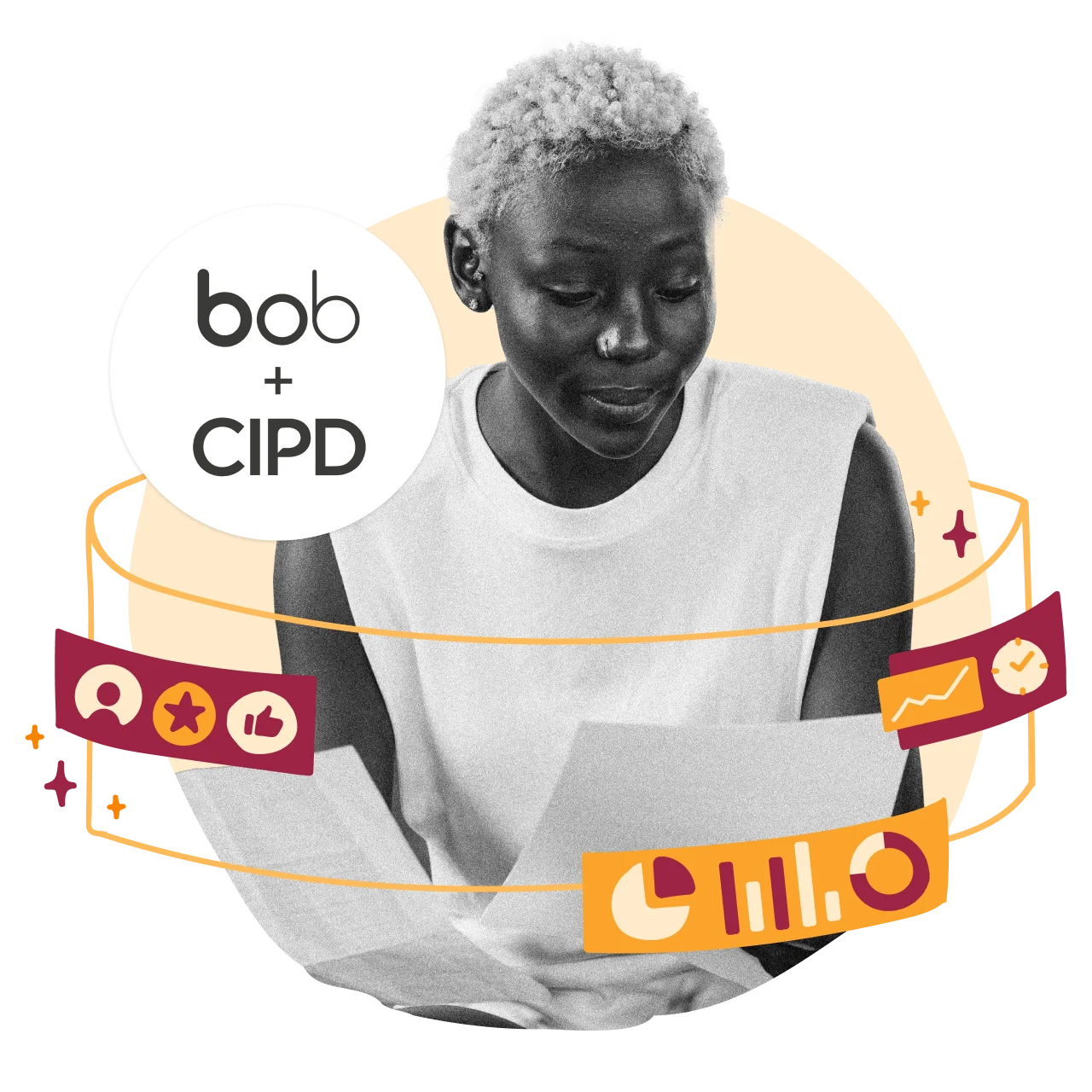 bob, CIPD, Black woman reading paper surrounded by colorful icons representing data and analytics.