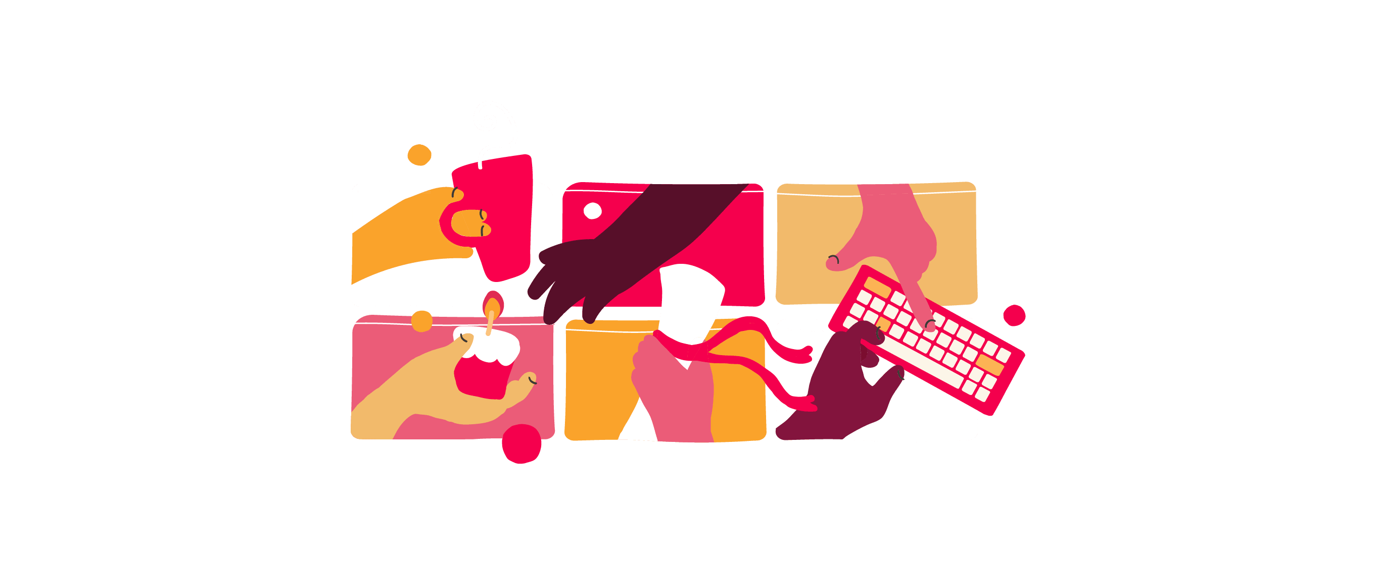 hands holding drinks and a keyboard, colorful abstract design, symbolizing creativity and collaboration, creative collaboration abstract illustration