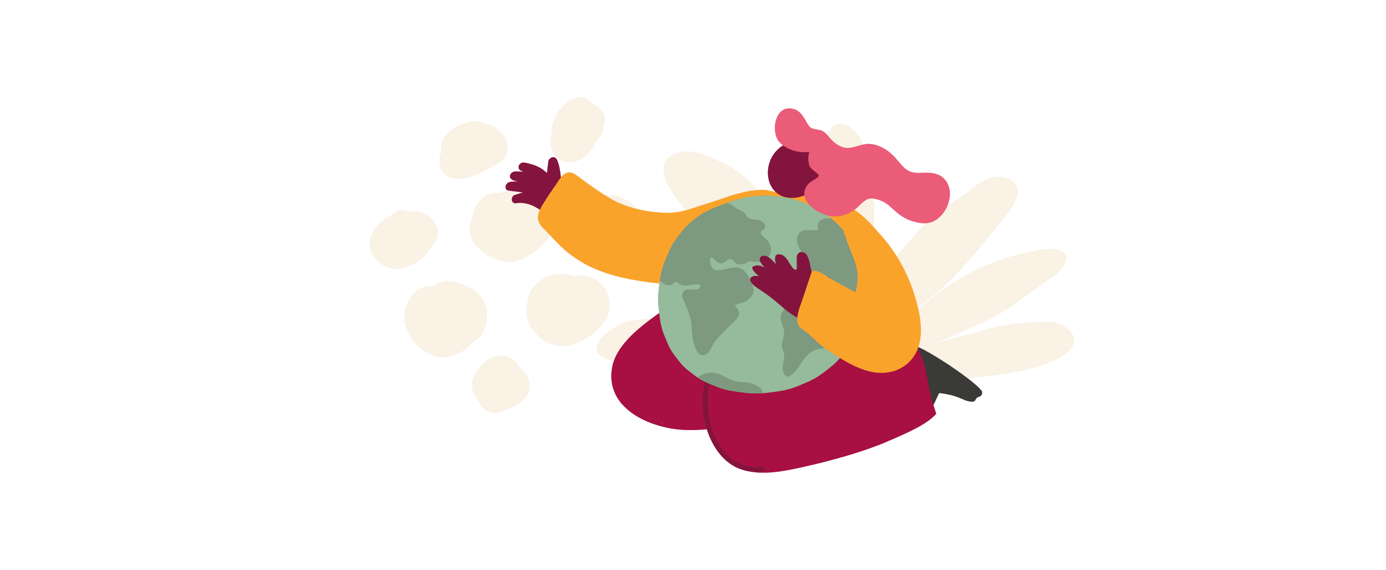 character holding a globe, surrounded by abstract shapes, symbolizes global awareness and environmental care, colorful illustration emphasizing sustainability and unity.