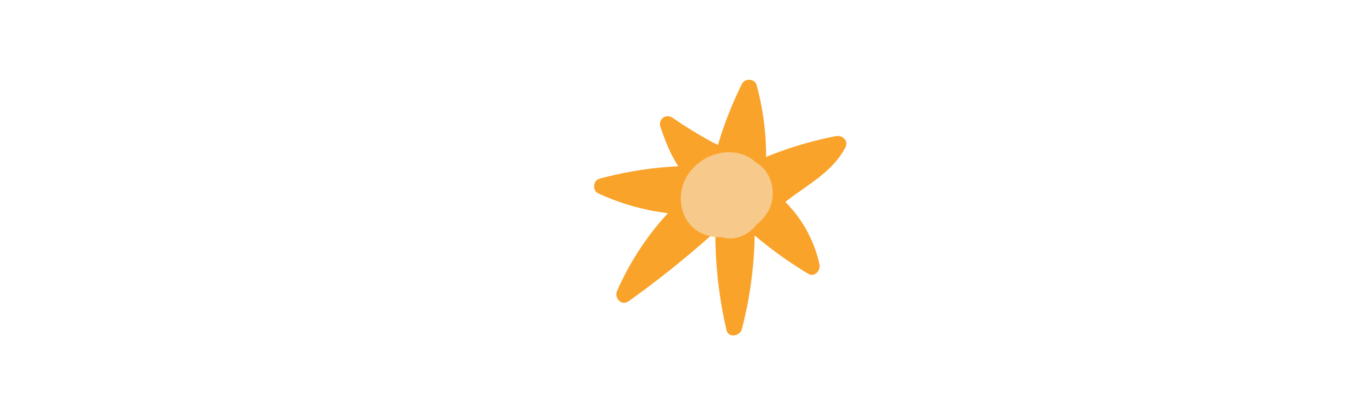 sun and clouds illustration, bright orange sun with rays, white fluffy clouds on a black background, colorful sun graphic with clouds