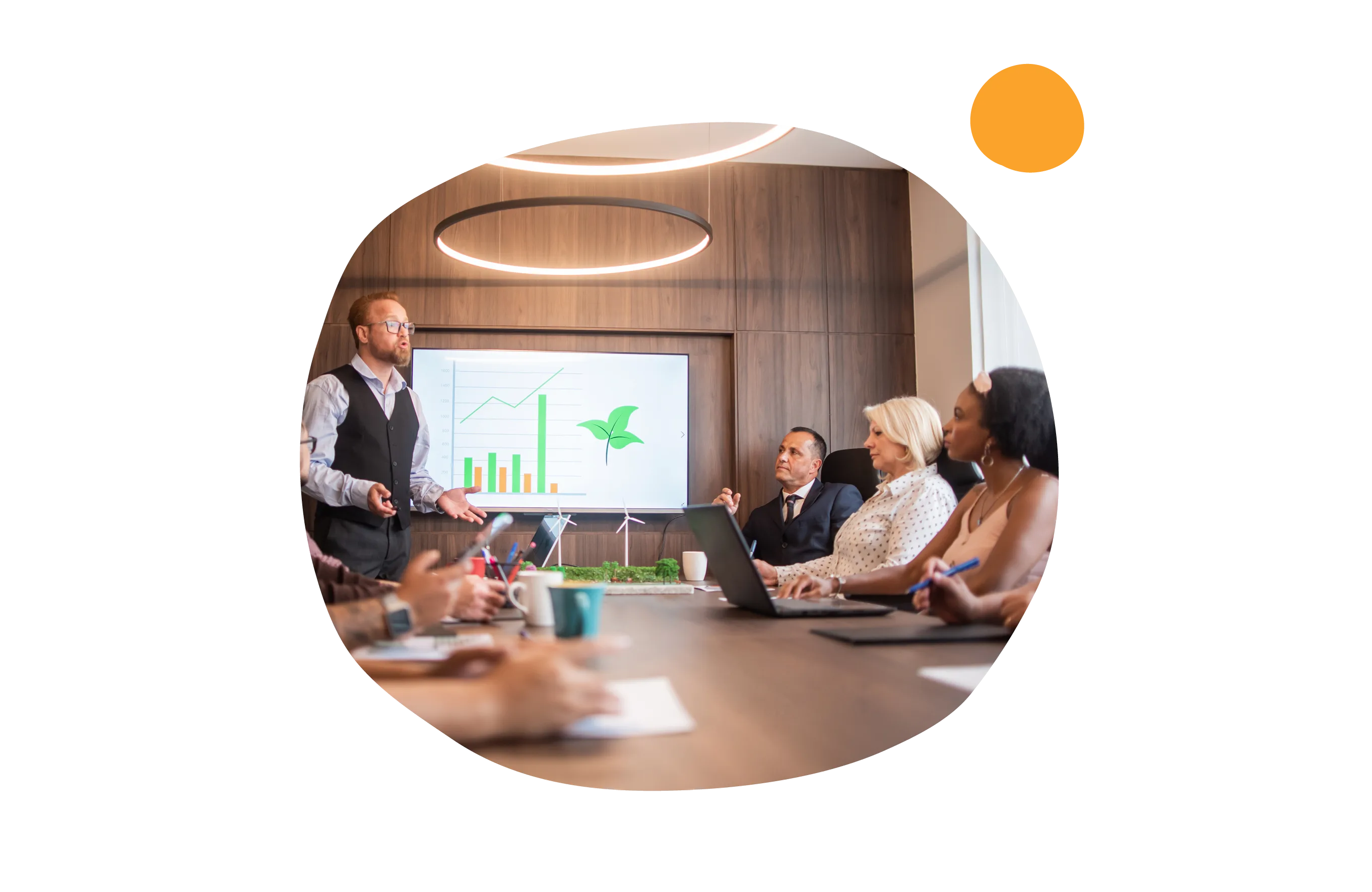 business meeting, presentation with charts and diverse team, modern conference room setting