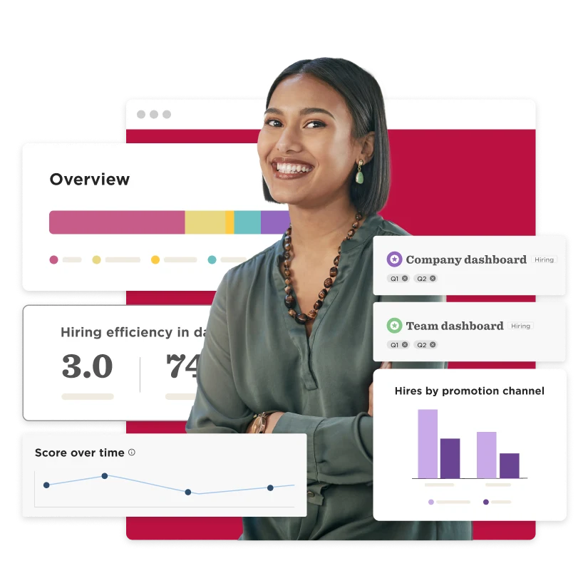 professional woman smiling with hiring dashboards and analytics on screen, hiring efficiency metrics and scores displayed