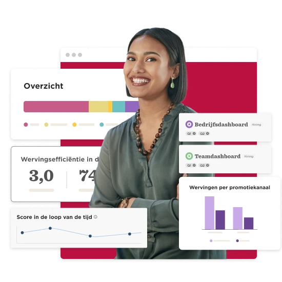 smiling woman in front of colorful dashboards showcasing hiring metrics and analytics, data visualization for recruitment efficiency