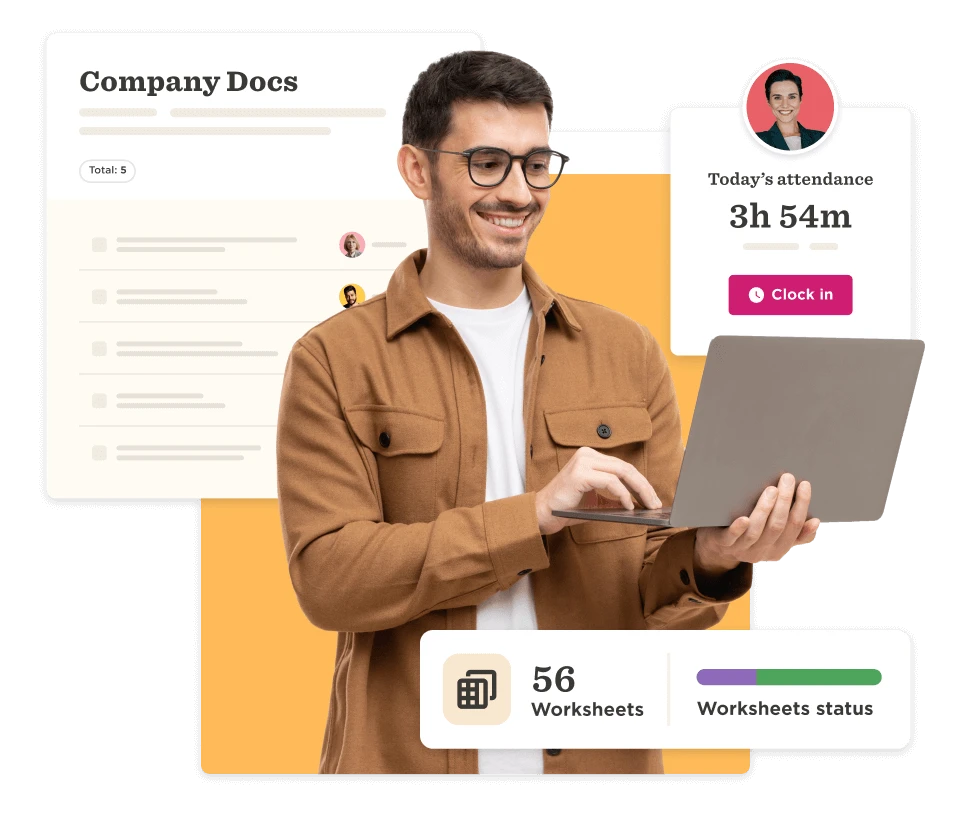 man working on laptop, attendance tracking dashboard with worksheets status