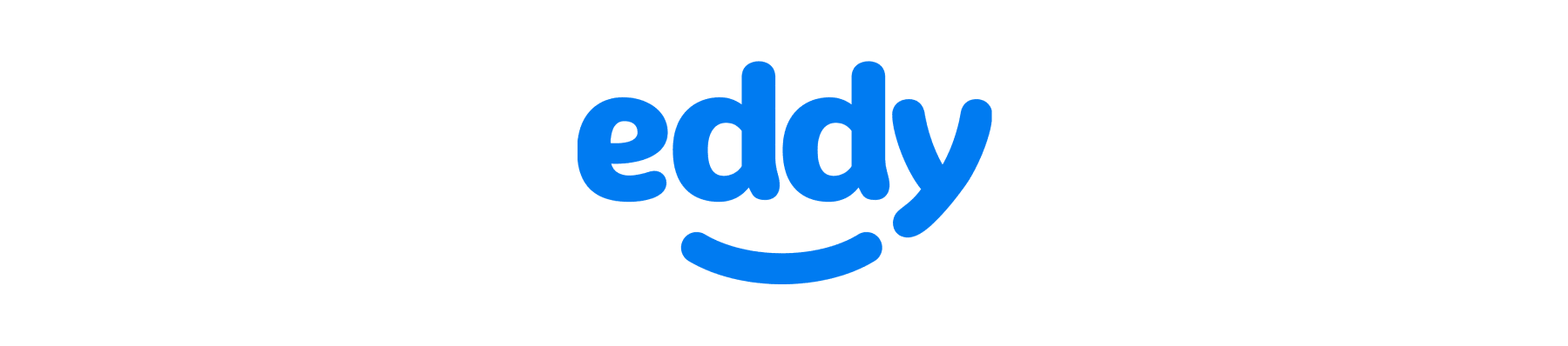 eddy logo with a friendly smile design, vibrant blue color on a black background, stylized text logo representing positivity and fun
