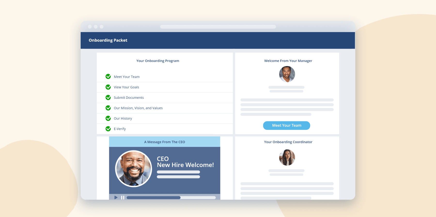 onboarding packet features program checklist, CEO message, and team introductions for new hires, employee onboarding interface with task list