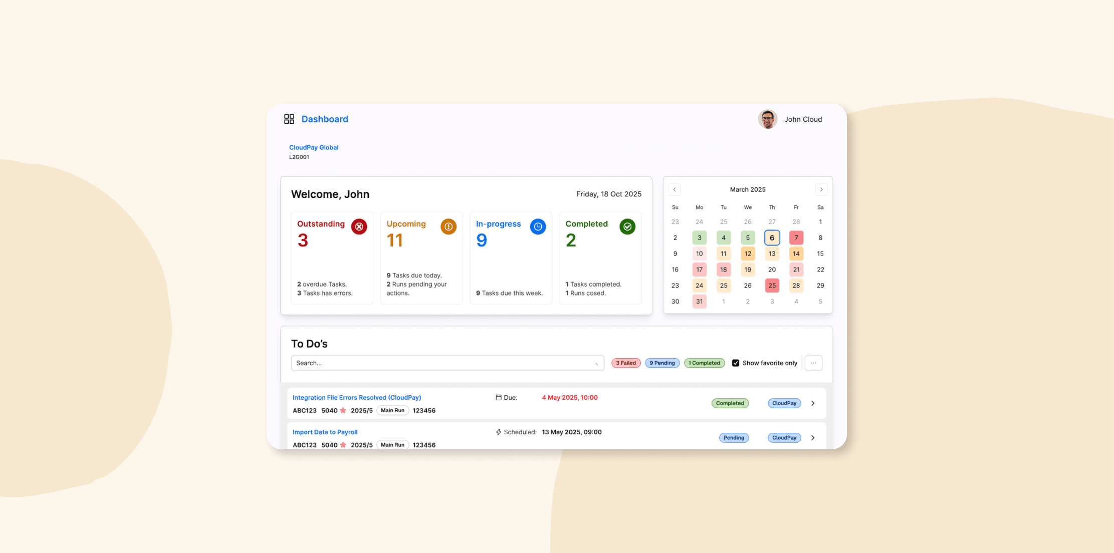 dashboard, task management, calendar overview