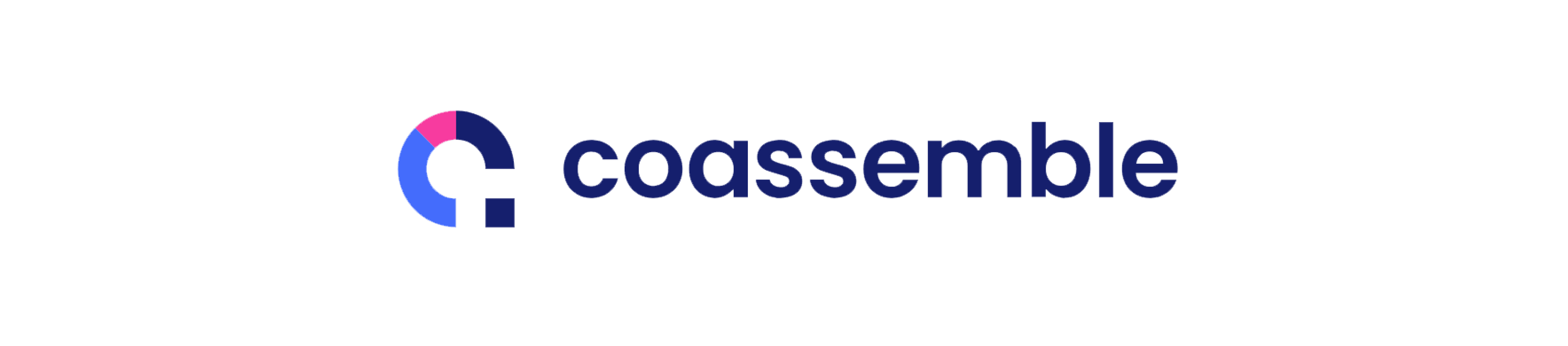 coassemble logo design with blue and pink circle elements on a white background, modern branding for online learning platform