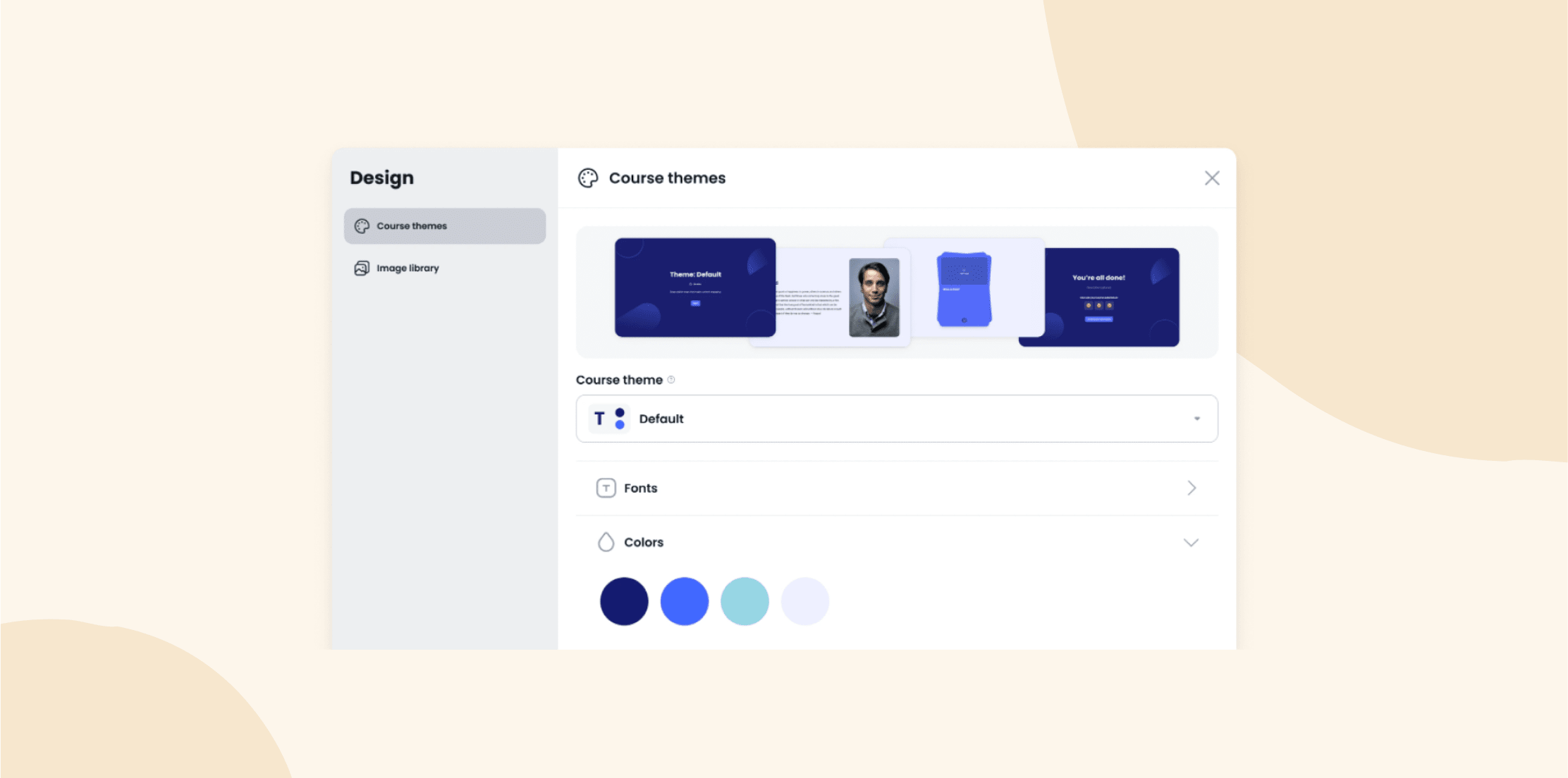 course themes menu with design options, including color palettes and fonts for course customization, design interface showcasing course themes and default settings