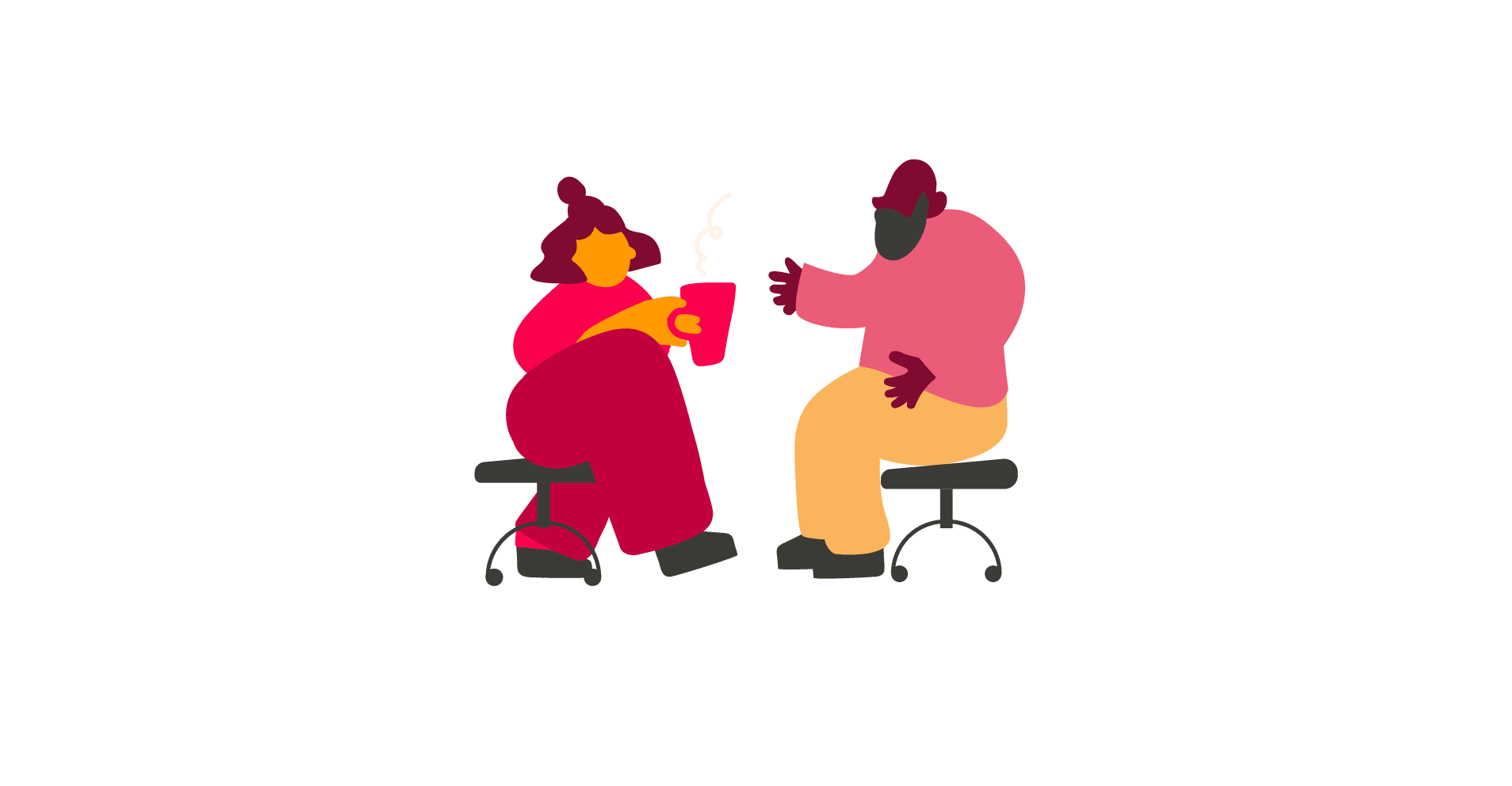 abstract character design, two people sitting on stools, engaging in conversation over coffee, reduced color palette, modern illustration style