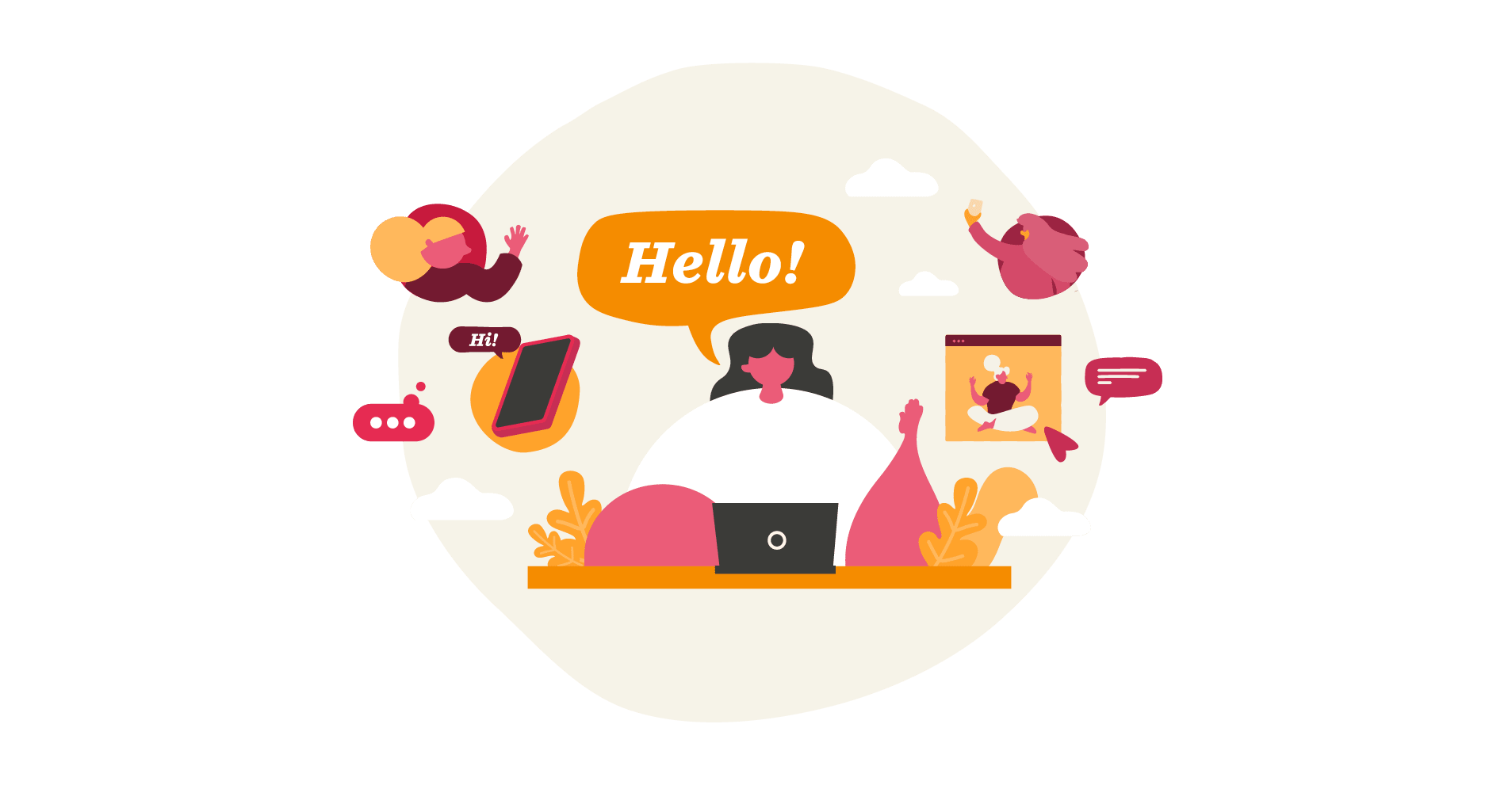 woman greeting with "Hello!" near a laptop, creative chat elements, and vibrant background illustrations, colorful digital communication scene with playful icons
