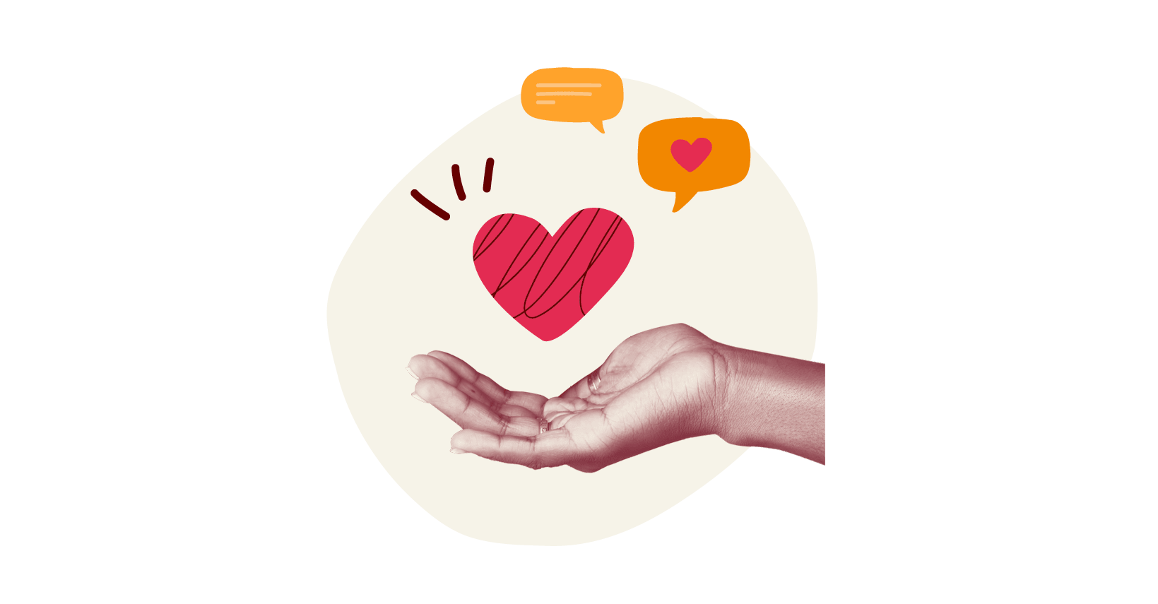 hand holding heart graphic, thought bubbles expressing love and emotions