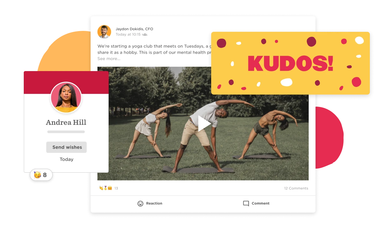 yoga club announcement post with three people practicing yoga outdoors and a vibrant "KUDOS!" graphic, user profile with name and reactions