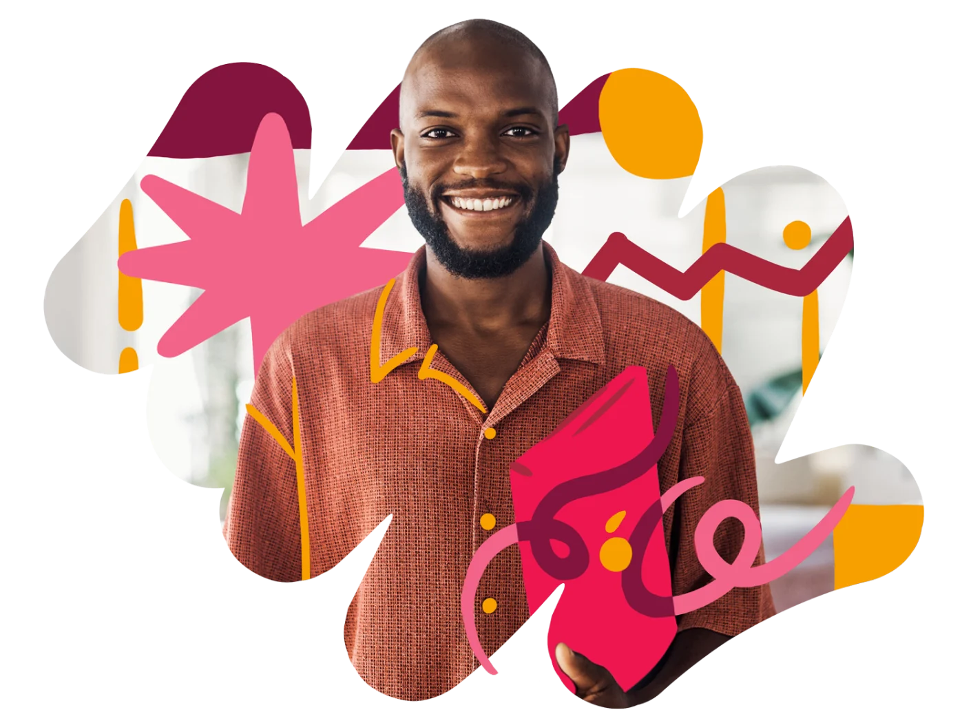 man holding pink artwork, colorful abstract background elements and smiling in a casual shirt