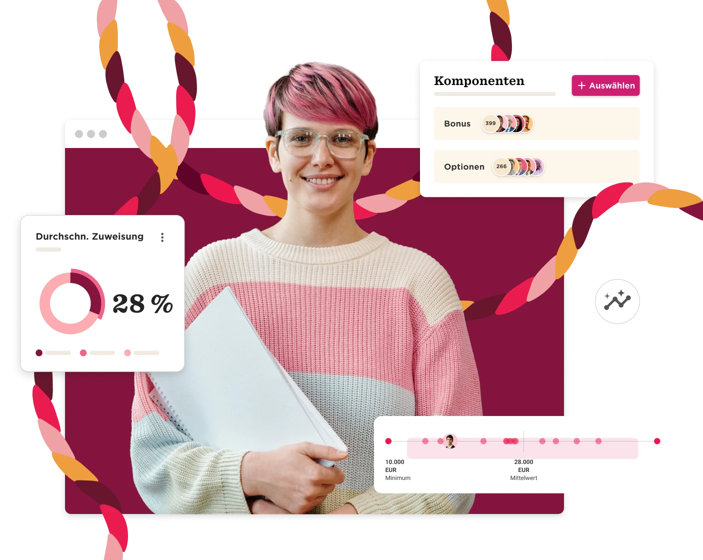 person with pink hair and glasses holding a folder next to colorful graphs and data visualizations, data visualization and person analysis