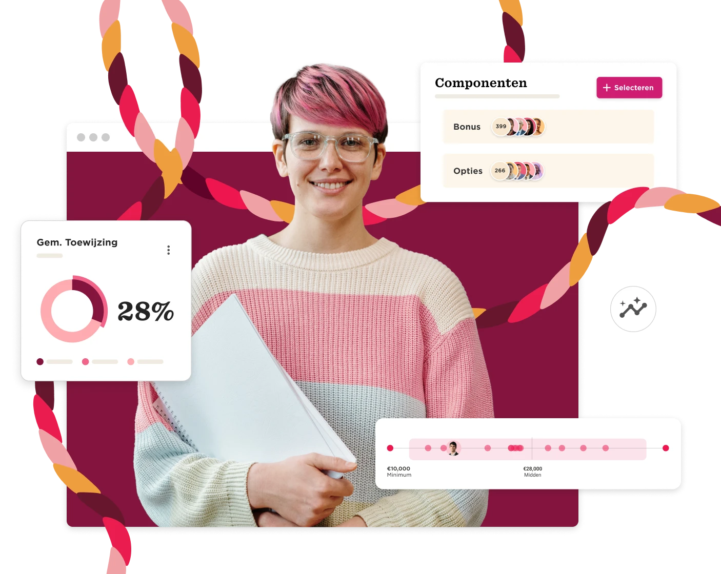 person with pink hair in a striped sweater holds a notebook, surrounded by colorful graphs and UI elements, data visualization with statistics