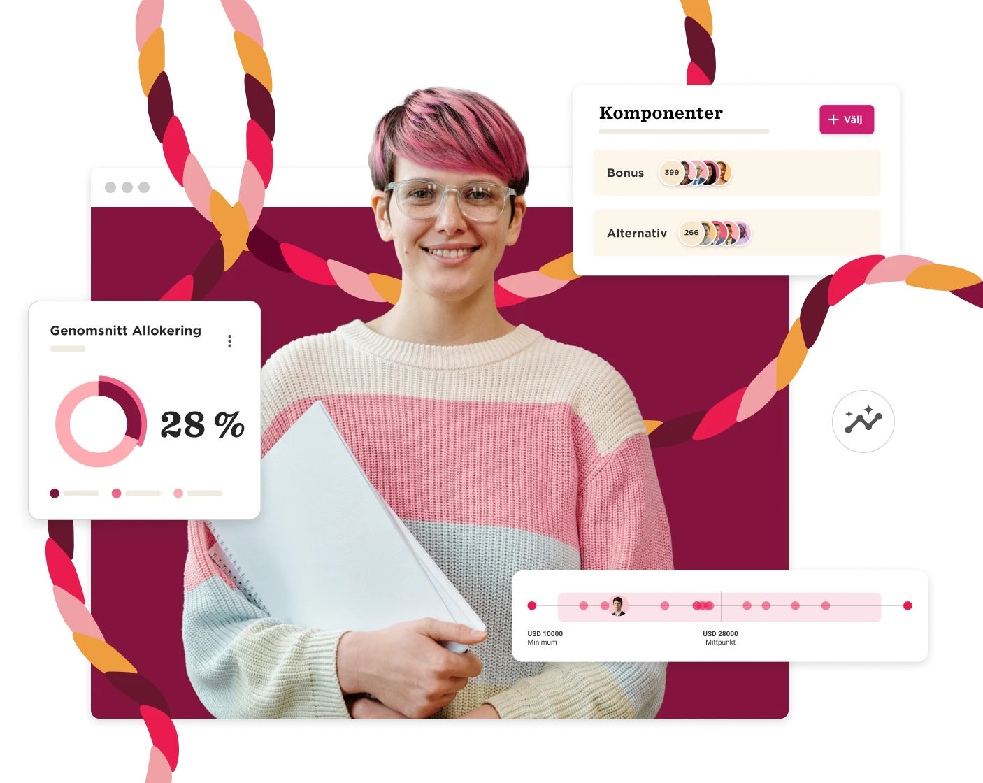 woman with pink hair and glasses holding notebook, data graphics showing allocation percentages and components, vibrant colors, data visualization, casual style, modern tech elements
