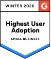 Highest User Adoption badge for small business, awarded Winter 2026 by G2, G2 Winter 2026 badge for small businessuser adoption