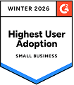 Winter 2026 badge for highest user adoption in small business by G2, featuring a prominent logo and clear typography. badge, highest-user-adoption