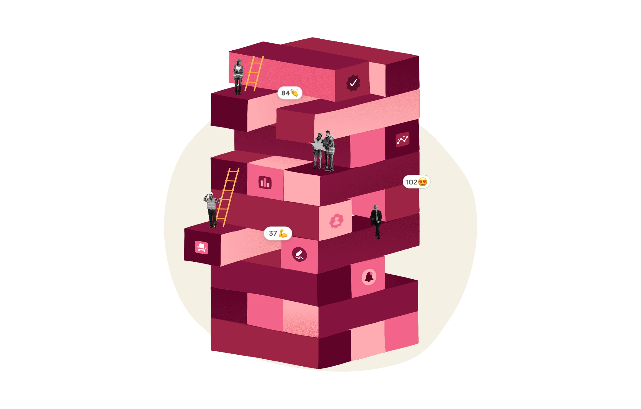 layers of blocks, people interacting, stats showing progress, and a ladder illustrating growth and collaboration, conceptual illustration of teamwork and data metrics in an abstract environment