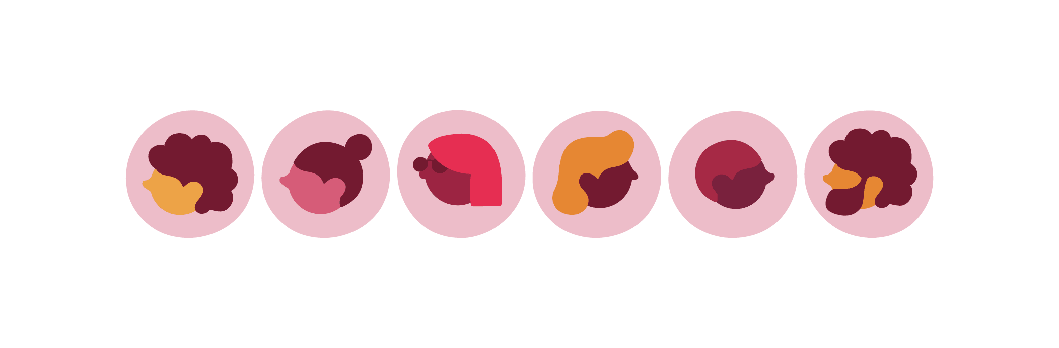 stylized diverse faces in circular frames, showcasing various hairstyles and colors on a pink background, colorful hair illustrations