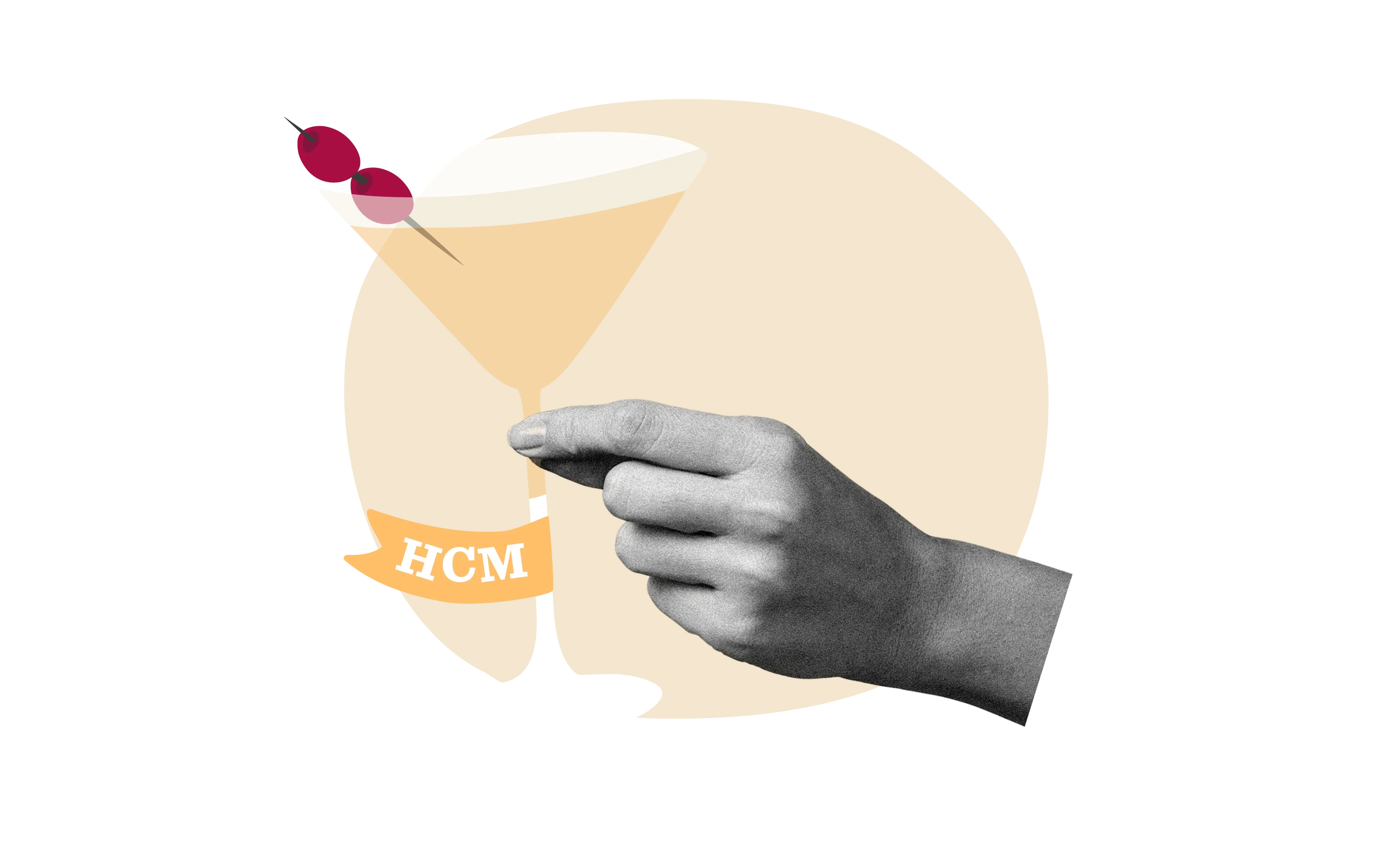 cocktail glass with hand holding drink, cherry garnish, HCM ribbon, light background, creative cocktail illustration design