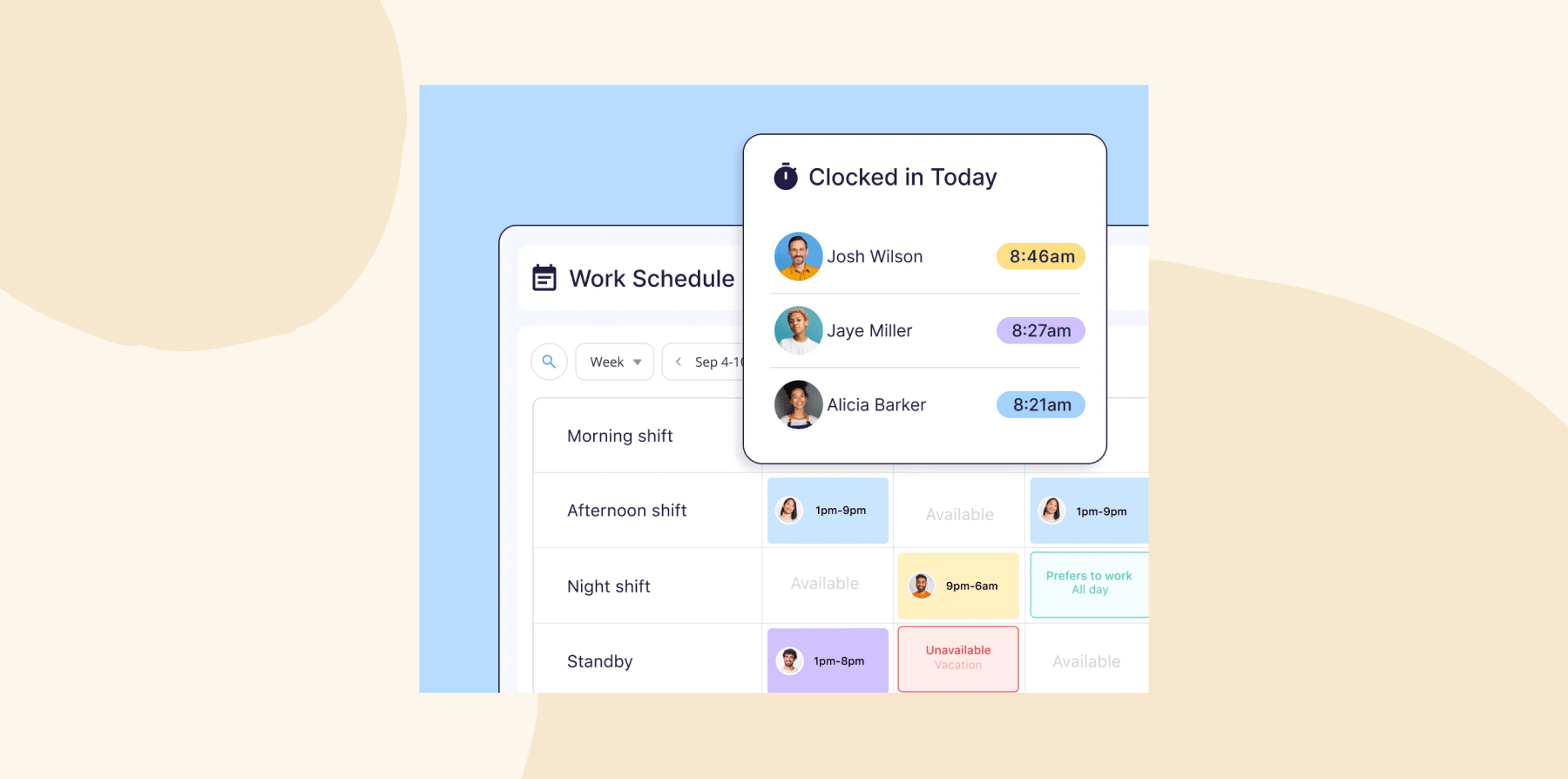work schedule interface showing clocked-in times for employees, employee names and clock-in times displayed prominently