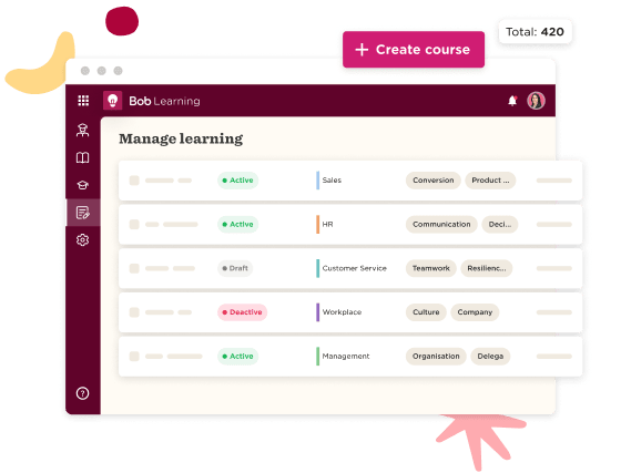 Bob Learning interface displaying course management with active, draft, and deactivated status indicators. Create course option., course management, learning platform
