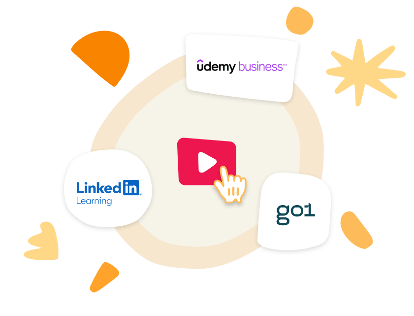 video play button, LinkedIn Learning Udemy Business go1 logos