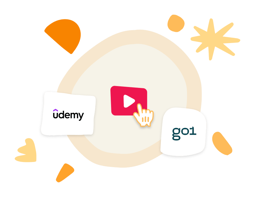 video button, Udemy and Go1 logos with playful shapes in a vibrant, creative background