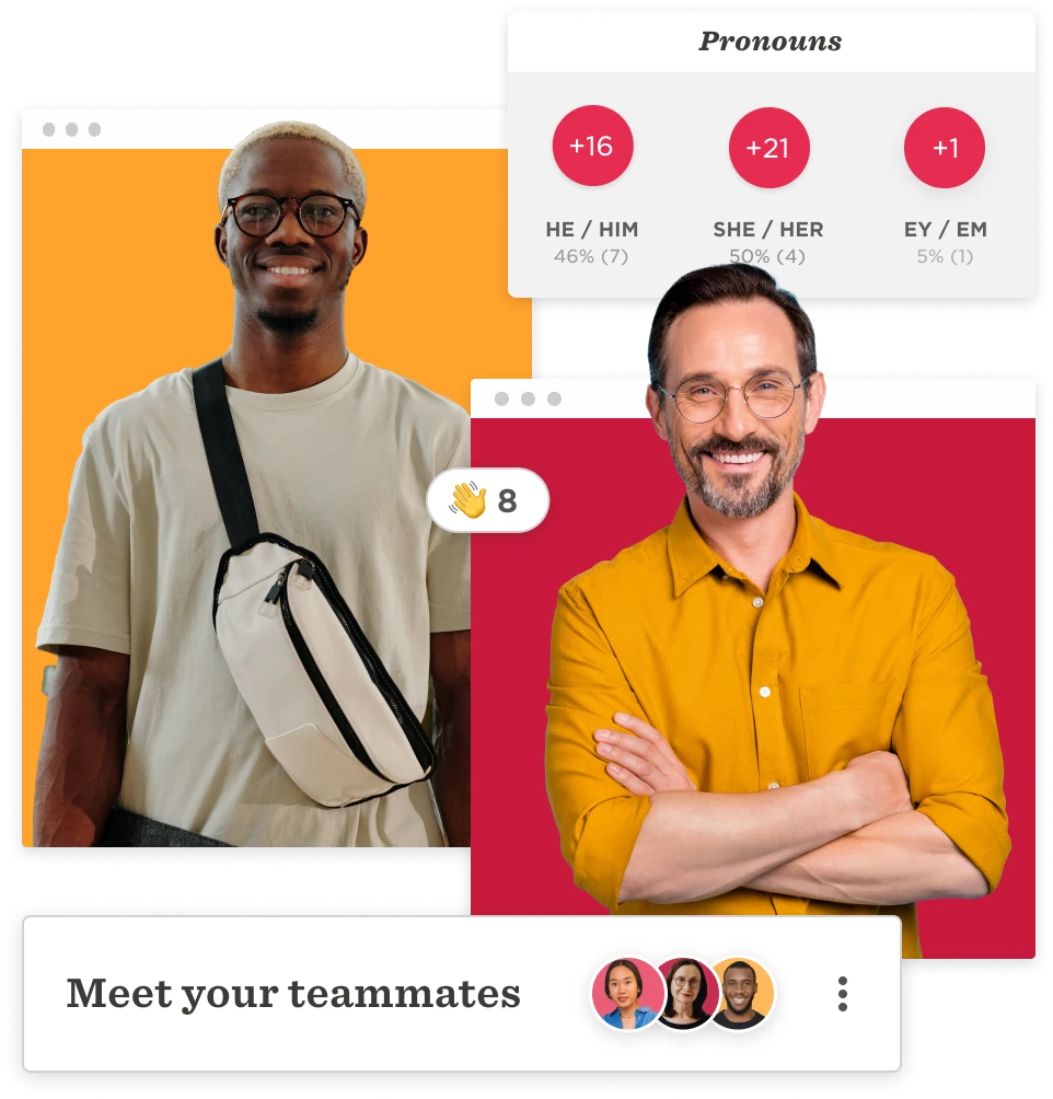 team members with pronouns and interactions, featuring smiling individuals against vibrant backgrounds, diverse team visibility and engagement