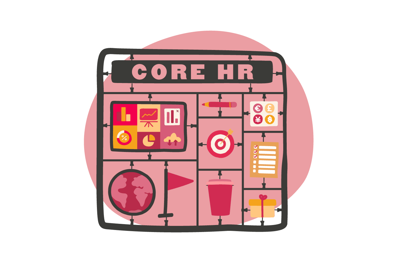 core hr illustration with charts, globe, target, and documents representing human resources management, colorful hr elements and business icons