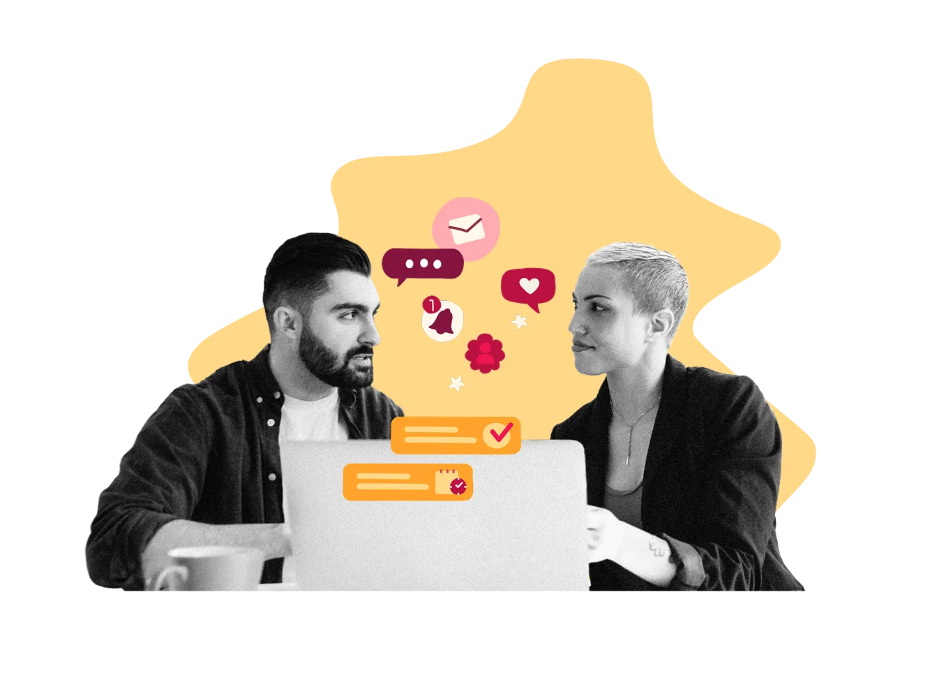 woman and man chatting over laptop with messaging icons and colorful background, digital communication and collaboration scene