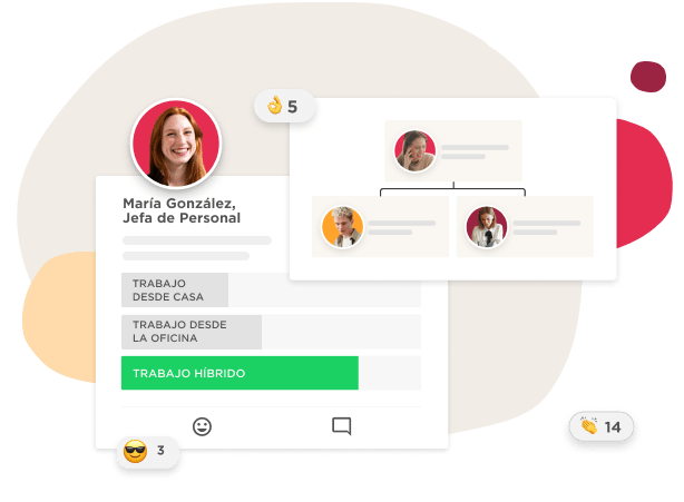 Jefa de Personal, María González, con perfil y estructura de trabajo híbrido de oficina y casa. Interacción visual activa., perfil profesional, trabajo híbrido
