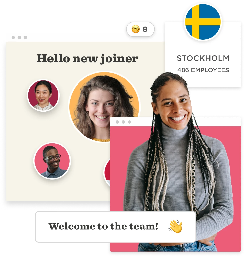 new joiner welcome graphic, diverse team in Stockholm with employee count and smiling faces