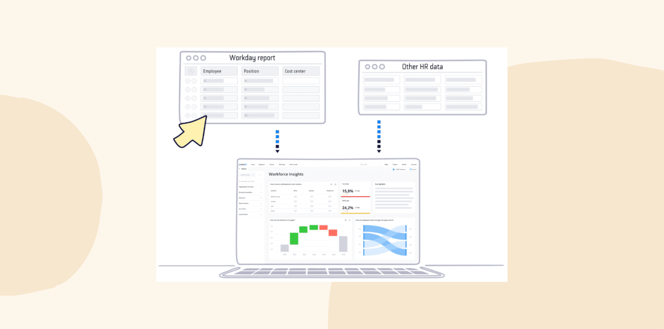workforce analysis dashboard with reports on employee data and performance insights, interactive HR analytics interface illustration