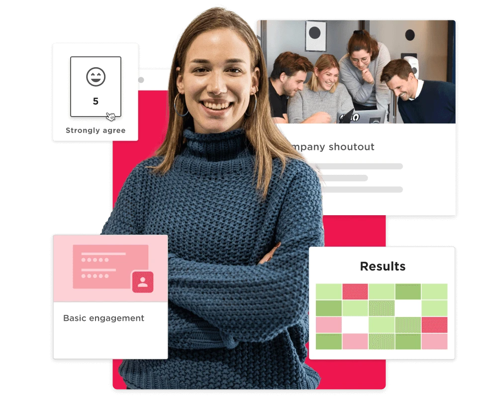 smiling woman in a cozy sweater with engagement metrics and team interaction visuals in the background, engagement metrics, team collaboration