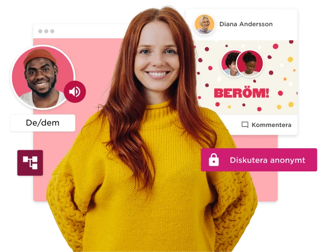 confident woman in yellow sweater promoting anonymous discussion with chat features and community engagement, engagement features for online discussions