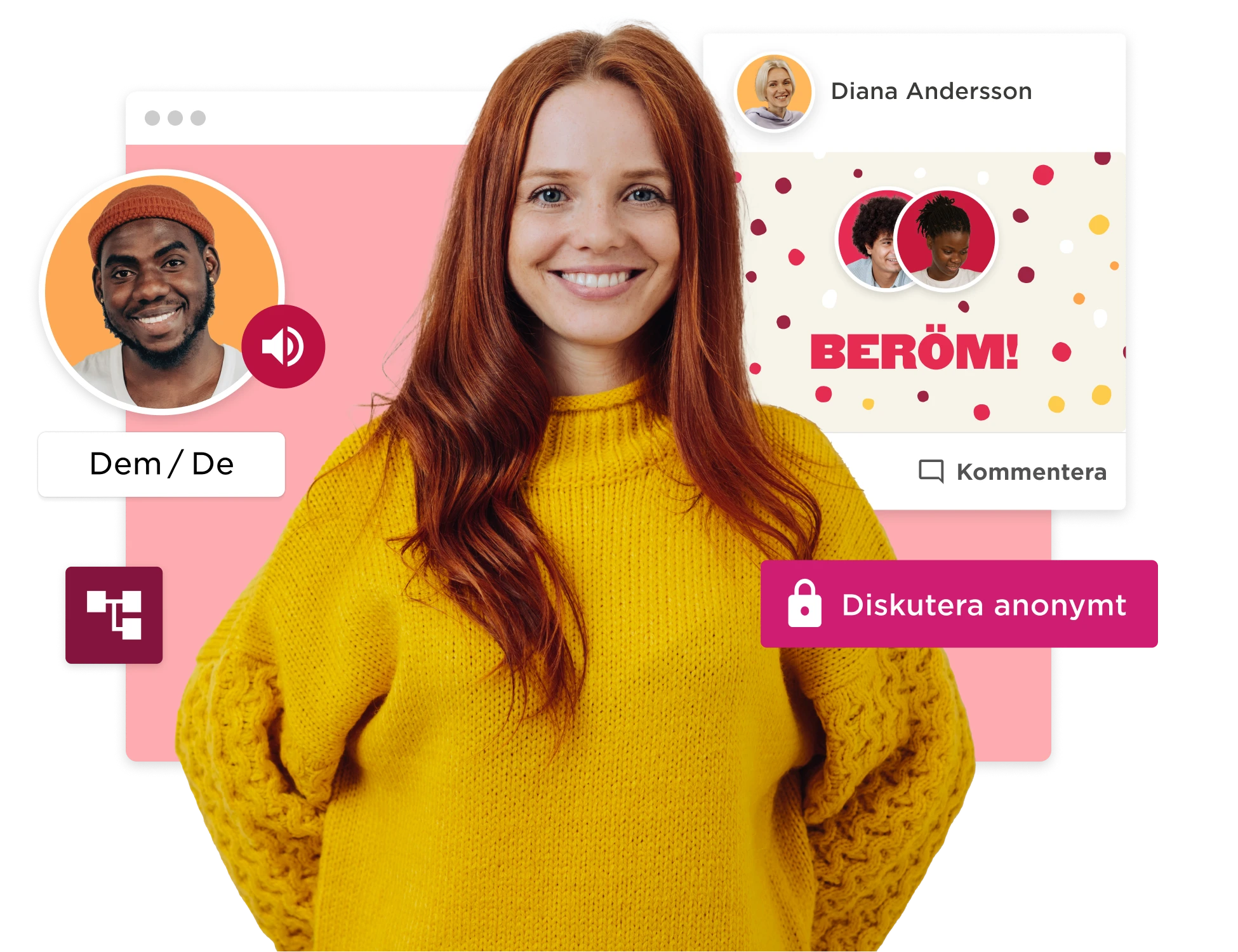 smiling woman in yellow sweater, chat interface with audio symbol and user profiles, promotes anonymous discussion, vibrant design, engaging communication elements