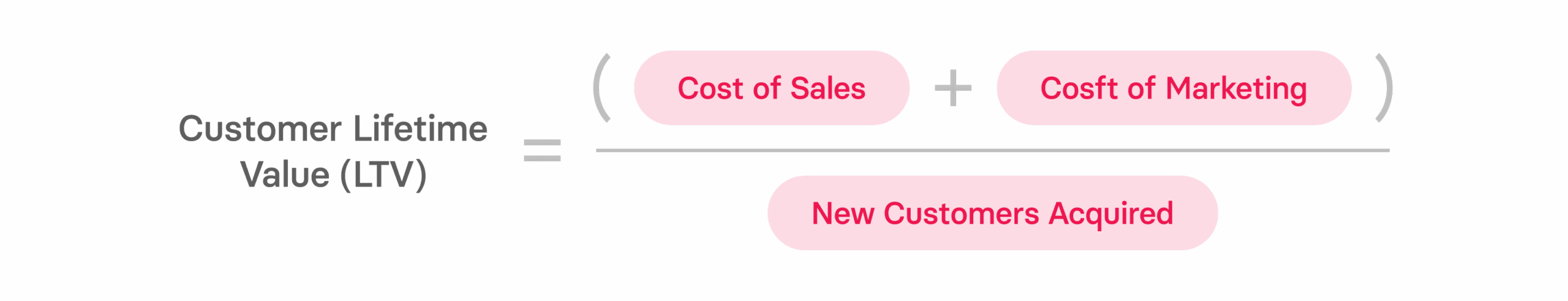 Customer Lifetime Value equation displayed on a bright pink background, highlighting sales and customer acquisition costs. LTV, equation