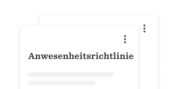 Anwesenheitsrichtlinie, Document interface design with text layout and icons, white and dark backgrounds, modern aesthetic.