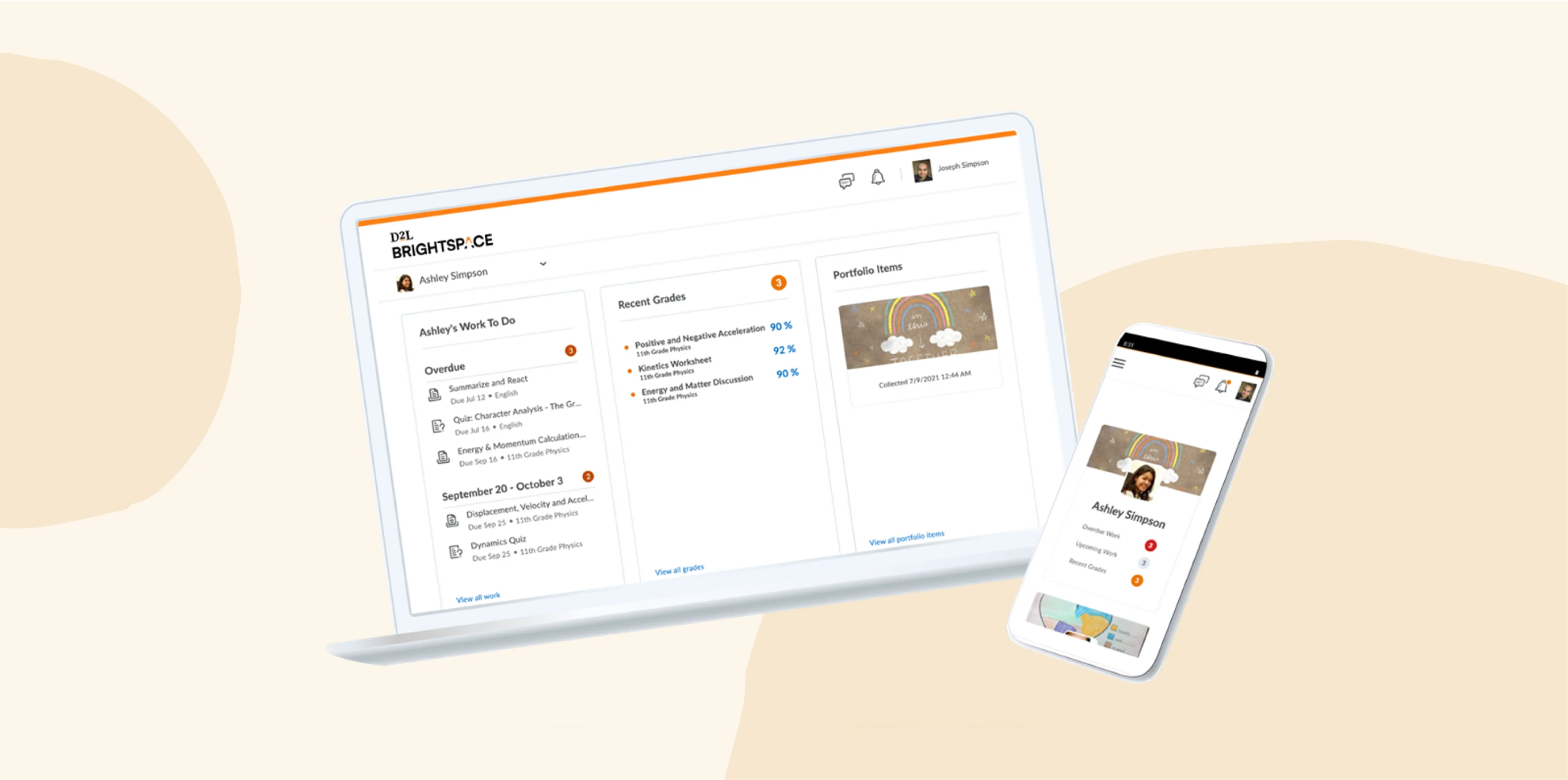 D2L Brightspace dashboard displaying coursework, grades, and a student’s portfolio on a laptop and mobile device., Brightspace interface showcasing tasks, grades, and student engagement features for online learning.