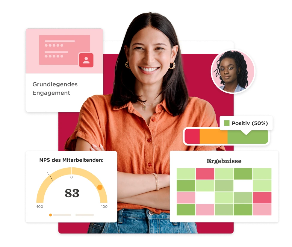 smiling woman with dark hair in casual outfit displays engagement metrics and employee satisfaction results, engagement statistics chart and graphs