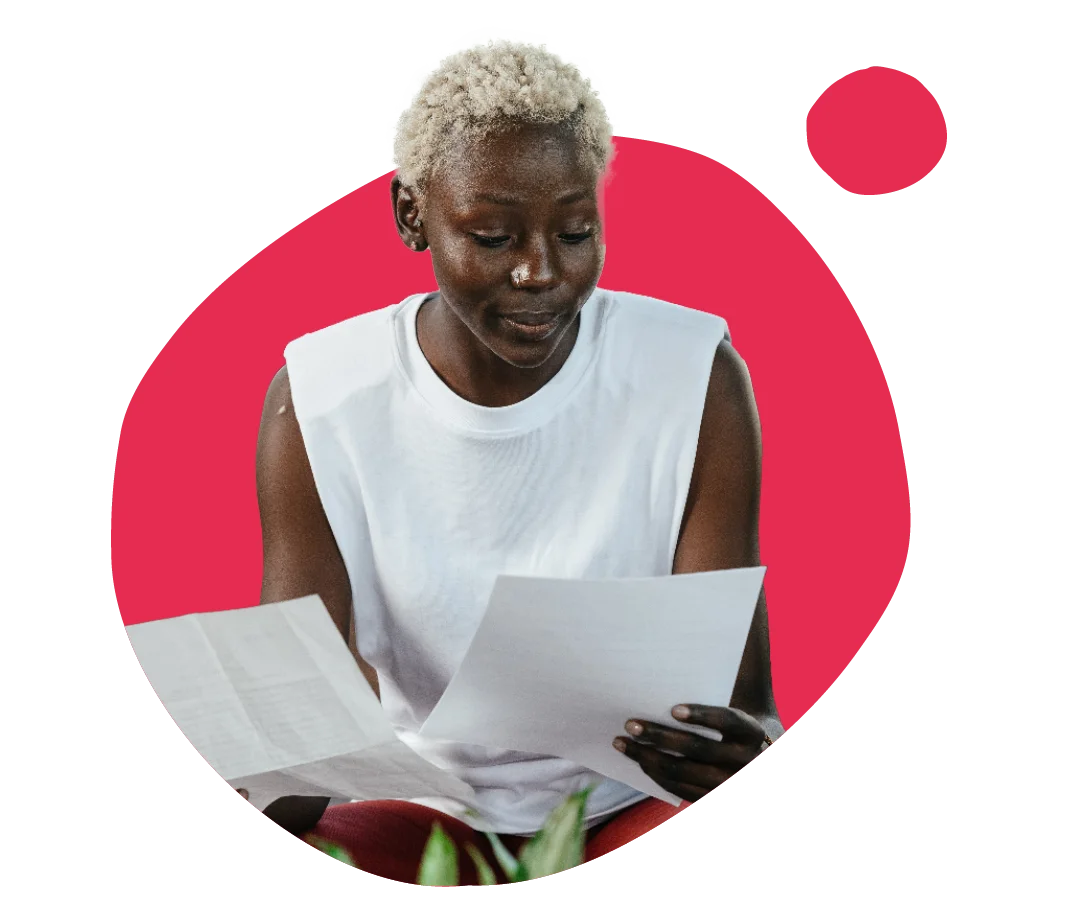 woman-reading-documents, casual-indoor-setting