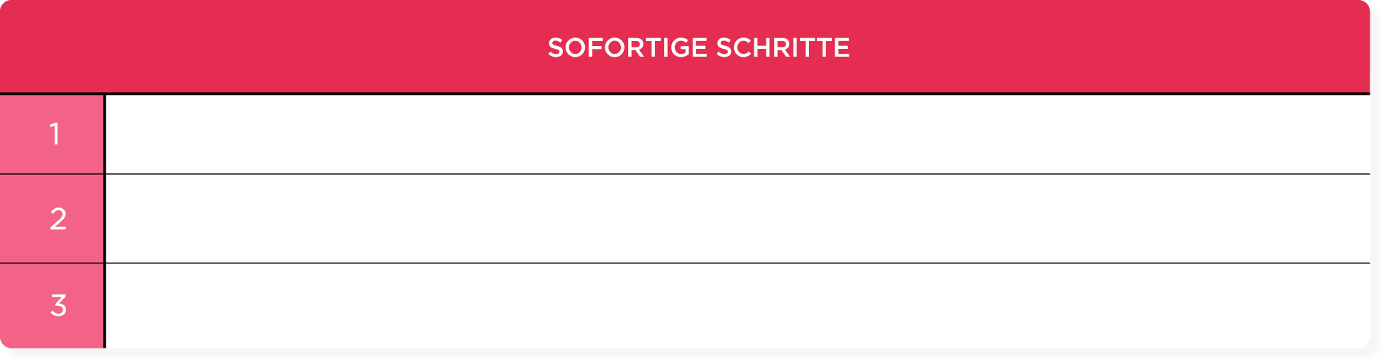 Sofortige Schritte table with three rows for quick actionable items in a clean, minimalist design., SofortigeSchritte, ActionableItemsTable