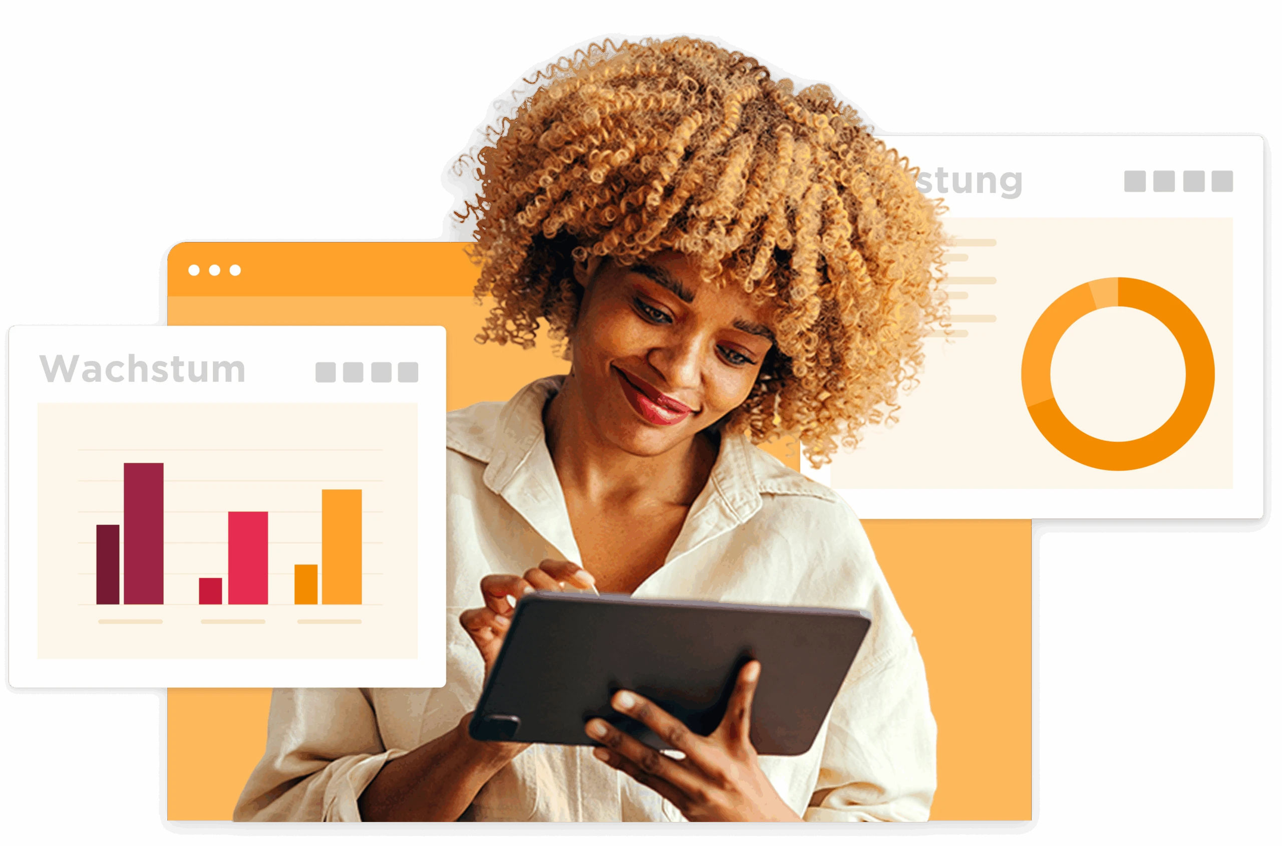 woman analyzing data on tablet with bar graphs and pie chart behind, growth analysis with vibrant color scheme and focus on digital tools