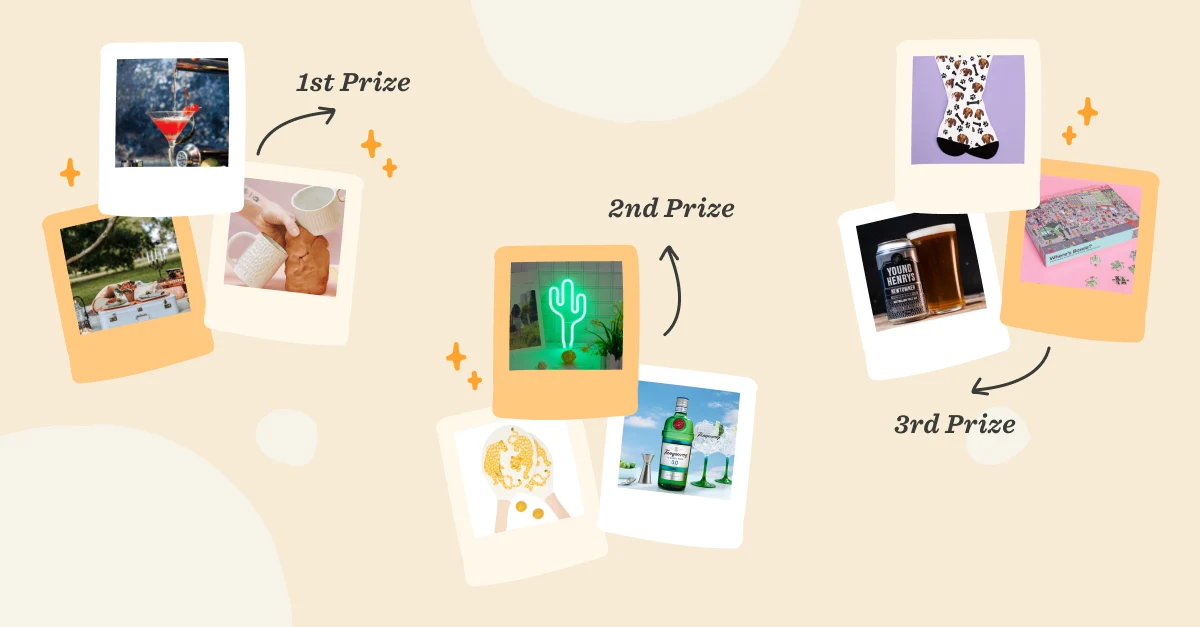 cocktail and hands for 1st prize, green cactus neon for 2nd prize, beer cans and socks for 3rd prize, prize layout